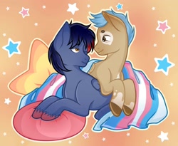 Size: 2560x2101 | Tagged: safe, artist:vatutina, oc, oc only, oc:dawn chaser, oc:onyx, pegasus, pony, blanket, coat markings, colored hooves, commission, cuddling, duo, gay, high res, looking at each other, looking at someone, lying down, male, male oc, oc x oc, one eye closed, pegasus oc, pillow, pride, pride flag, shipping, stallion, stallion oc, stars, transgender pride flag, two toned mane, unshorn fetlocks, wings, ych result