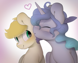 Size: 2994x2416 | Tagged: safe, alternate version, artist:mochi_nation, oc, oc only, oc:exist, oc:prince plushy soft, alicorn, griffequus, hippogriff, hybrid, pony, commission, cute, feather, gay, heart, high res, horn, kissing, male, wings, ych result
