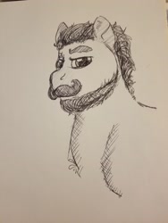 Size: 4032x3024 | Tagged: safe, artist:onyxdr, oc, oc only, oc:gunsmoke, earth pony, pony, beard, bust, earth pony oc, eyebrows, facial hair, looking at you, male, male oc, moustache, photo, raised eyebrow, simple background, sketch, stallion, stallion oc, traditional art, white background