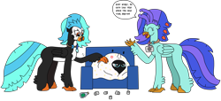 Size: 3190x1455 | Tagged: safe, artist:supahdonarudo, oc, oc only, oc:icebeak, oc:ironyoshi, oc:sea lilly, classical hippogriff, hippogriff, blanket, bottle, camera, couch, cross-popping veins, cup, dialogue, emanata, hiding, jewelry, necklace, simple background, speech bubble, text, transparent background, under blanket, wine bottle