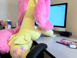 Size: 4032x3024 | Tagged: safe, artist:natureshy, artist:qtpony, fluttershy, pony, g4, chair, computer, cute, desk, female, fluffy, irl, life size, photo, plushie, shyabetes, side view, sitting, solo, the ass was fat, wide hips