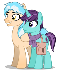 Size: 1364x1698 | Tagged: safe, artist:stellardus, oc, oc only, oc:haven sympony, oc:lumin light, pegasus, pony, unicorn, 2024 community collab, derpibooru community collaboration, g4, bag, clothes, duo, duo male, horn, male, saddle bag, scarf, simple background, transparent background, wings