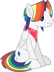 Size: 3102x4075 | Tagged: safe, artist:frownfactory, oc, oc only, oc:stratagem, pegasus, pony, 2024 community collab, derpibooru community collaboration, clothes, male, multicolored hair, pegasus oc, rainbow hair, scarf, simple background, sitting, solo, stallion, transparent background, vector, wings