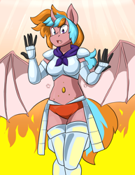 Size: 1488x1925 | Tagged: safe, artist:zanezandell, oc, oc only, alicorn, bat pony, bat pony alicorn, anthro, armor, bat wings, breasts, clothes, female, fire, fusion, heterochromia, horn, midriff, open mouth, panties, socks, surprised, thigh highs, unconvincing armor, underwear, wings