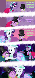 Size: 1280x2839 | Tagged: safe, artist:deannaphantom13, rarity, spike, twilight sparkle, dragon, pony, unicorn, a canterlot wedding, g4, ^^, bowtie, bridesmaid dress, bridesmaid rarity, canterlot gardens, clothes, comic, cute, daaaaaaaaaaaw, dancing, dress, eyes closed, female, forgiveness, formal wear, hat, hoof on chest, hug, kiss on the lips, kissing, looking at each other, looking at someone, looking down, male, ship:sparity, shipping, smiling, smiling at each other, straight, suit, top hat, trio, unicorn twilight, wholesome