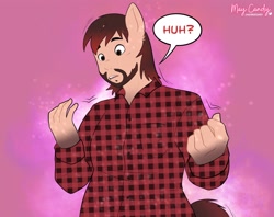 Size: 2588x2048 | Tagged: safe, artist:maybilecandy, human, anthro, abstract background, beard, comic, commission, dialogue, facial hair, high res, human to anthro, light skin, male to female, mid-transformation, speech bubble, transformation, transgender transformation