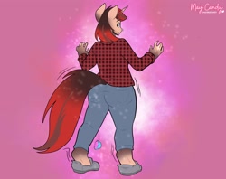 Size: 2588x2048 | Tagged: safe, artist:maybilecandy, oc, oc only, human, unicorn, anthro, chubby, clothes, comic, commission, cupcake, fat, food, high res, human to anthro, implied tail hole, looking back, male to female, mid-transformation, pants, rear view, tail, transformation, transgender transformation, weight gain