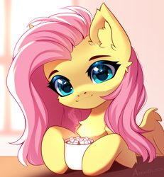 Size: 2330x2524 | Tagged: safe, artist:airiniblock, fluttershy, pegasus, pony, rcf community, g4, :3, chest fluff, chocolate, commission, cute, ear fluff, female, food, half body, high res, hot chocolate, looking at you, mare, marshmallow, morning, shyabetes, smiling, smiling at you, solo, ych result