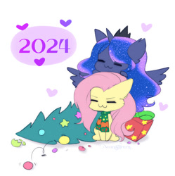 Size: 1334x1340 | Tagged: safe, artist:monstrum, fluttershy, princess luna, pony, g4, 2024, christmas, christmas tree, cute, happy new year, holiday, simple background, tree, white background