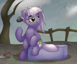 Size: 1830x1530 | Tagged: safe, artist:swasfews, limestone pie, earth pony, pony, g4, crumbs, eating, female, fence, mare, rock farm, sitting, snack, solo, tree