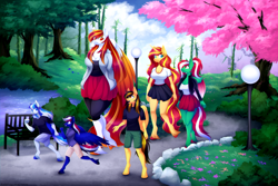 Size: 1800x1200 | Tagged: safe, artist:scarlet-spectrum, sunset shimmer, oc, oc:diamond sun, oc:hawker hurricane, oc:spring wind, oc:thunderbolt sentinel, pegasus, unicorn, anthro, unguligrade anthro, g4, breasts, busty oc, busty sunset shimmer, cleavage, clothes, commission, female, horn, looking at each other, looking at someone, male, miniskirt, skirt, wings