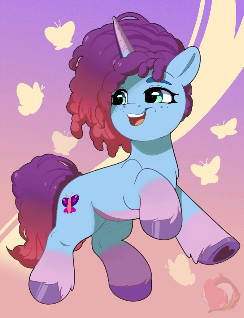 [butterfly,cute,female,floating,g5,happy,horn,mare,multicolored hair,open mouth,pony,raised hoof,safe,solo,unicorn,gradient hooves,gradient background,smiling,artist:joaothejohn,misty brightdawn,rebirth misty]