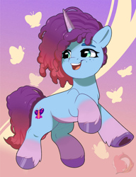 Size: 1600x2080 | Tagged: safe, artist:joaothejohn, misty brightdawn, butterfly, pony, unicorn, g5, cute, female, floating, freckles, gradient background, gradient hooves, happy, hoof heart, horn, mare, mistybetes, multicolored hair, open mouth, raised hoof, rebirth misty, smiling, solo, underhoof, unshorn fetlocks