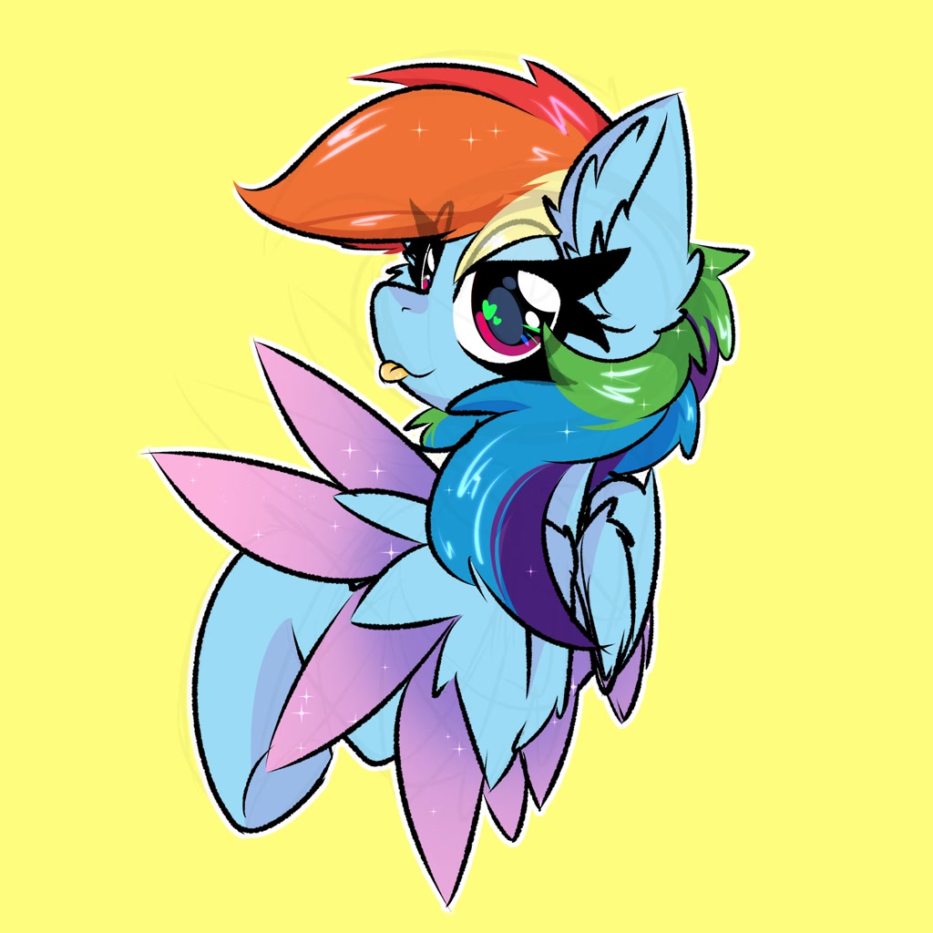 [:p,bust,female,g4,heart,heart eyes,high res,looking at you,mare,pegasus,pony,rainbow dash,safe,simple background,solo,wingding eyes,wings,tongue out,ear fluff,multicolored wings,lidded eyes,colored wings,yellow background,artist:jubyskylines]