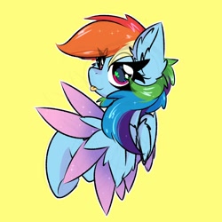 Size: 2000x2000 | Tagged: safe, artist:jubyskylines, rainbow dash, pegasus, pony, g4, :p, bust, colored wings, ear fluff, female, heart, heart eyes, high res, lidded eyes, looking at you, mare, multicolored wings, simple background, solo, tongue out, wingding eyes, wings, yellow background