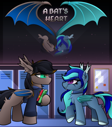 Size: 2700x3085 | Tagged: safe, artist:andaluce, oc, oc only, oc:black night, oc:blackie, oc:moonlight selene, bat pony, pony, chest fluff, clothes, cover art, cute, duo, ear fluff, ear piercing, earring, facial markings, female, heart, high res, jewelry, male, mare, necklace, piercing, school, smiling, stallion, wings