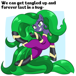 Size: 1000x1000 | Tagged: safe, artist:dendollae, mane-iac, earth pony, pony, g4, bodysuit, clothes, eyelashes, female, grin, looking at you, mare, simple background, smiling, tentacle hair, text