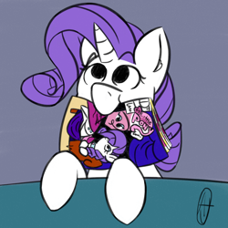 Size: 3000x3000 | Tagged: safe, artist:anonymous, idw, rarity, pony, g4, colored, comic, cute, flat colors, high res, mouth hold, simple background