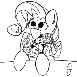 Size: 3000x3000 | Tagged: safe, artist:anonymous, idw, rarity, pony, g4, black and white, comic, cute, grayscale, high res, lineart, monochrome, simple background