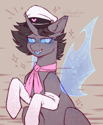 Size: 2850x3460 | Tagged: safe, artist:fallenvixen, oc, oc only, oc:rosie clockwork, changeling, pony, blue eyes, clothes, ear fluff, feminine stallion, hair, hat, high res, neckerchief, shading, simple background, socks, solo, tongue out, wings
