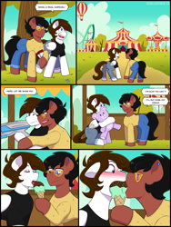 Size: 2048x2728 | Tagged: safe, artist:shallowwin, oc, oc only, oc:arcanel, oc:benjamin terrance tover, earth pony, pegasus, blushing, carnival, circus, clothes, comic, commission, date, dialogue, ear piercing, feral, food, gay, glasses, high res, ice cream, male, oc x oc, pegasus oc, piercing, shipping, stallion, stallion on stallion