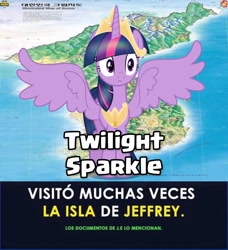 Size: 1080x1182 | Tagged: safe, twilight sparkle, alicorn, pony, g4, crown, jeffrey epstein, jewelry, korea, regalia, spanish, spread wings, text, twilight sparkle (alicorn), wings