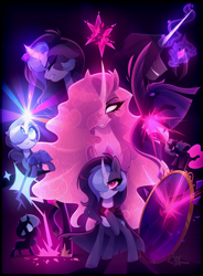 Size: 2587x3515 | Tagged: safe, artist:thewandie, twilight sparkle, oc, oc only, oc:glare cross, alicorn, pony, unicorn, wrecked elements, g4, the last problem, alternate hairstyle, angry, cloak, clothes, crying, curved horn, eyes closed, female, filly, flowing mane, foal, glowing, glowing horn, gritted teeth, high res, hoof shoes, horn, jewelry, lock, magic, mare, markings, mirror, older, older twilight, older twilight sparkle (alicorn), princess twilight 2.0, raised hoof, regalia, sad, teeth, twilight sparkle (alicorn)