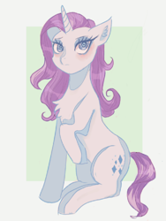 Size: 1734x2305 | Tagged: safe, artist:sanechkaa, rarity, pony, unicorn, g4, alternate cutie mark, alternate hairstyle, blushing, chest fluff, female, mare, raised hoof, sitting, solo