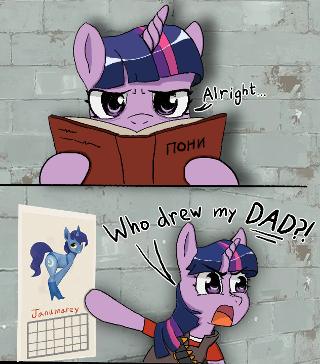 [angry,anonymous artist,book,calendar,crossdressing,g4,heavy weapons guy,night light,pony,reading,safe,team fortress 2,twilight sparkle,unicorn,artist:pastthesouthpole,/mlp/ tf2 general]