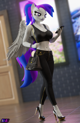 Size: 2160x3320 | Tagged: safe, artist:shadowboltsfm, oc, oc only, oc:inkwell stylus, anthro, plantigrade anthro, 3d, bare midriff, blender, bracelet, breasts, clothes, denim, ear piercing, earring, eyeshadow, high heels, high res, indoors, jeans, jewelry, lipstick, makeup, nail polish, not sfm, pants, phone, piercing, ponytail, purse, sexy, shoes, short shirt, solo