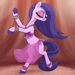 Size: 3000x3000 | Tagged: safe, artist:t72b, amira, pony, saddle arabian, art pack:the bridle bliss catalogue, g4, bells, belly, belly button, belly dancer, belly dancer outfit, bipedal, bridle, clothes, dancing, eyes closed, female, flowing mane, harem outfit, jewelry, mare, midriff, round belly, see-through, skirt, solo, standing, standing on one leg, sternocleidomastoid, tack