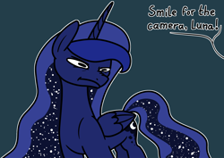 Size: 2048x1448 | Tagged: safe, artist:ewoudcponies, princess luna, alicorn, pony, g4, blue background, dark blue background, female, frown, mare, nose wrinkle, offscreen character, simple background, solo