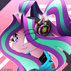 Size: 1547x1550 | Tagged: safe, artist:andaluce, aria blaze, earth pony, pony, semi-anthro, rainbow rocks 10th anniversary, equestria girls, g4, my little pony equestria girls: rainbow rocks, bust, clothes, equestria girls ponified, eye clipping through hair, female, flowing mane, gem, headphones, jacket, jewelry, mare, necklace, ponified, solo