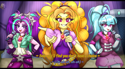 Size: 1836x1024 | Tagged: safe, artist:dazzlingmimi, adagio dazzle, aria blaze, sonata dusk, human, rainbow rocks 10th anniversary, equestria girls, g4, my little pony equestria girls: rainbow rocks, female, microphone, redraw, singing, song, the dazzlings, trio, trio female, under our spell