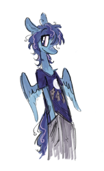 Size: 668x1099 | Tagged: safe, artist:peaceandlove26, oc, oc only, oc:moonbright, pegasus, anthro, big eyes, blue wingtips, chest fluff, clothes, coat markings, colored pinnae, colored sketch, colored wings, colored wingtips, curly mane, curly tail, ear fluff, eye clipping through hair, eyebrows, eyebrows visible through hair, eyelashes, facial markings, female, female oc, freckles, graphic tee, hand in pocket, long tail, looking back, mare oc, mealy mouth (coat marking), pants, partially open wings, pegasus oc, pink eyes, ponysona, profile, shirt, simple background, sketch, smiling, socks (coat markings), solo, t-shirt, tail, thin, three toned mane, three toned tail, two toned wings, white background, wings