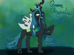 Size: 2224x1668 | Tagged: safe, artist:bridafrenchfry, queen chrysalis, changeling, changeling queen, g4, concave belly, female, hoof on chest, signature, solo