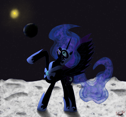 Size: 4176x3865 | Tagged: safe, artist:malthehellbat, nightmare moon, alicorn, g4, absurd resolution, armor, bloodshot eyes, concave belly, cracked armor, crater, crying, earth, ethereal mane, eyelashes, eyeshadow, fangs, female, flowing mane, flowing tail, hoof shoes, horn, makeup, mare, moon, moonscape, open mouth, peytral, planet, raised hoof, rock, shadow, solo, space, spread wings, starry mane, starry tail, tail, tall, wings