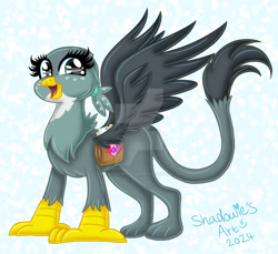 Size: 1280x1175 | Tagged: safe, artist:shadowiesart, gabby, griffon, g4, bag, cute, deviantart watermark, female, gabbybetes, happy, obtrusive watermark, open mouth, open smile, profile, saddle bag, signature, smiling, solo, spread wings, watermark, wings