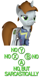 Size: 976x1800 | Tagged: safe, artist:pika-robo, oc, oc only, oc:littlepip, pony, unicorn, fallout equestria, 3d, fallout, fallout 4, female, frown, horn, mare, no, sarcasm, simple background, sole survivor, solo, source filmmaker, transparent background, unamused, video game reference