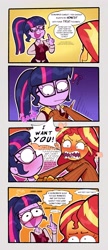 Size: 1762x4096 | Tagged: safe, artist:another_pony, sci-twi, sunset shimmer, twilight sparkle, human, equestria girls, g4, 4 panel comic, 4koma, blushing, clothes, comic, confession, duo, duo female, female, grabbing, hands on shoulder, lesbian, lesbian pride flag, obscured text, pride, pride flag, ship:sci-twishimmer, ship:sunsetsparkle, shipping, speech bubble, subtle as a train wreck, text, thought bubble, turtleneck