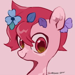 Size: 4096x4096 | Tagged: safe, artist:metaruscarlet, oc, oc only, oc:metaru scarlet, pegasus, pony, flower, flower in hair, leaves, leaves in hair, looking at you, pegasus oc, pink background, simple background, solo, spotted