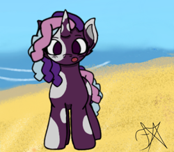 Size: 4000x3495 | Tagged: safe, artist:dawkinsdalmatian, violette rainbow, pony, unicorn, g5, :o, beach, female, filly, foal, horn, open mouth, outdoors, solo, vitiligo