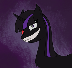 Size: 880x830 | Tagged: safe, artist:ponie pie, twilight sparkle, oc, oc:nihilus, pony, unicorn, fanfic:the immortal game, g4, bust, chest fluff, evil smile, evil twilight, fangs, female, heterochromia, horn, insanity, pointed ears, smiling, solo, unicorn twilight