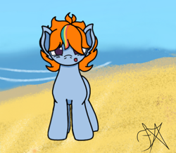 Size: 4000x3495 | Tagged: safe, artist:dawkinsdalmatian, oc, oc only, oc:sol starshine, earth pony, :o, beach, foal, male, open mouth, outdoors, solo