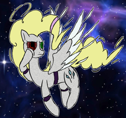 Size: 850x800 | Tagged: safe, artist:ponie pie, surprise, pegasus, pony, g1, g4, adoraprise, cute, error, female, floating, frown, g1 to g4, generation leap, glitch, halo, heterochromia, mare, solo, space, stoic, wings