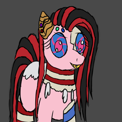 Size: 800x800 | Tagged: safe, artist:ponie pie, derpibooru exclusive, oc, oc only, oc:candymare, food pony, original species, pony, fanfic:something sweet to bite, candy, female, food, gray background, messy lines, ponified, reformed, sharp teeth, simple background, solo, teeth