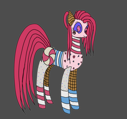 Size: 850x800 | Tagged: safe, artist:ponie pie, derpibooru exclusive, oc, oc only, oc:candymare, food pony, original species, pony, fanfic:something sweet to bite, candy, clothes, female, food, gray background, ponified, reformed, reformed villain, simple background, socks, solo, striped socks