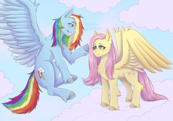 Size: 2480x1748 | Tagged: safe, artist:tsunderewitch, fluttershy, rainbow dash, pegasus, pony, g4, cloud, duo, female, lesbian, mare, ship:flutterdash, shipping