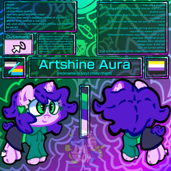 Size: 3840x3840 | Tagged: safe, artist:endercatcore, oc, oc only, oc:artshine aura, original species, plush pony, pony, unicorn, abstract background, asexual pride flag, glasses, gradient background, horn, nonbinary oc, nonbinary pride flag, pansexual pride flag, plushie, ponysona, pride, pride flag, reference sheet, solo, unicorn oc