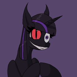 Size: 700x700 | Tagged: safe, artist:ponie pie, twilight sparkle, oc, oc:nihilus, pony, unicorn, fanfic:the immortal game, g4, bust, evil counterpart, evil smile, evil twilight, fangs, heterochromia, horn, insanity, pointed ears, smiling, solo, unicorn twilight